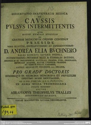 Dissertatio Inauguralis Medica De Caussis Pulsus Intermittentis