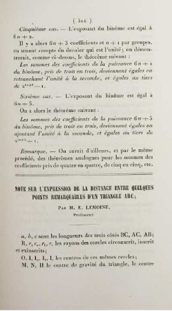 Note sur l'expression de la distance entre quelques points remarquables d'un triangle abc.