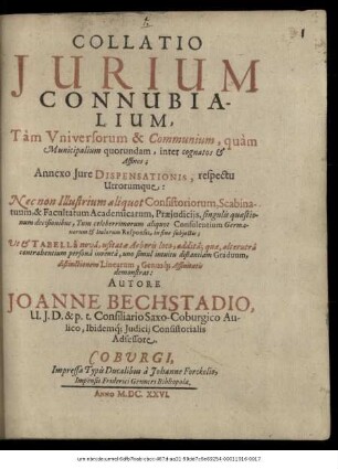 Collatio Iurium Connubialium, Tam Universorum & Communium, quam Municipalium quorundam, inter cognatos & Affines : Annexo Iure Dispensationis, respectu Utrorumque: Nec non Illustrium aliquot Consistoriorum, Scabinatuum, & Facultatum Academicarum, Praeiudiciis, singulis quaestionum decisionibus, Tum celeberrimorum aliquot Consulentium Germanorum & Italorum Responsis, in fine subiectis ; Ut & Tabella nova, usitatae Arboris loco, addita ...