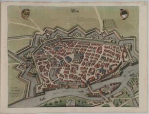 Vogelschauplan von Ulm, kolorierter Kupferstich, um 1682 : Ulm , - [Ca 1:3 500] - [Amsterdam] : [Bÿ d' Erfsgenamen van Joannes Janssonius van Waesberge], [1682]. - 1 Vogelschaukt. : Kupferst. ; 50,7 x 39,4 cm . - Mit 2 Wappen