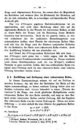 § 3. Zerfällung und Zerlegung einer rekurrenten Reihe.