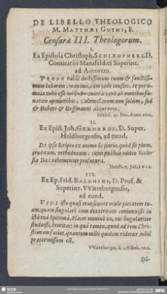 De Libello Theologico M. Matthaei Gothi, F. Censurae III. Theologorum