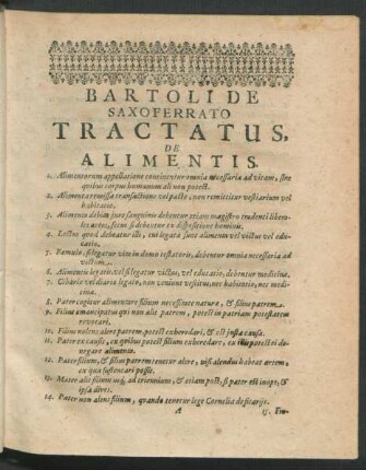 Bartoli De Saxoferrato Tractatus, De Alimentis.