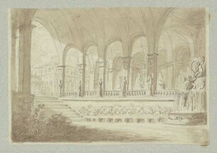 Blick in eine offene gewölbte Pfeilerhalle mit Brunnenanlage