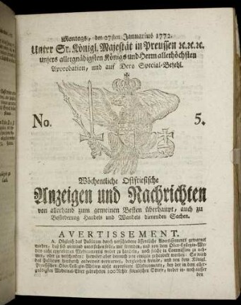 No. 5. Montags, den 27sten Januarius 1772.