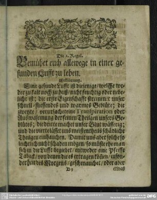Die 1. Regel. Bemühet euch allewege in einer gesunden Lufft zu leben