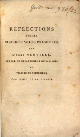 Réflections sur les circonstances présentes