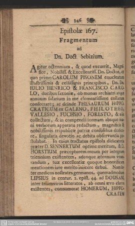 Epistolae 167. Fragmentum ad Dn. Doct. Sebizium