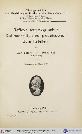 1911, 7. Abhandlung: Sitzungsberichte der Heidelberger Akademie der Wissenschaften, Philosophisch-Historische Klasse: Reflexe astrologischer Keilinschriften bei griechischen Schriftstellern