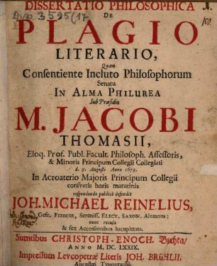 Dissertatio Philosophica De Plagio Literario