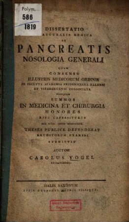 Dissertatio Inauguralis Medica De Pancreatis Nosologia Generali