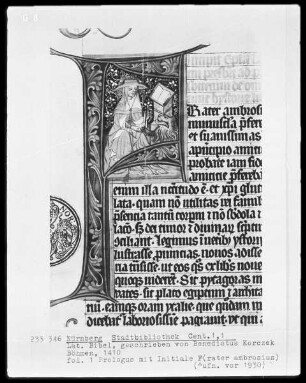 Lateinische Bibel — Initiale F (rater Ambrosius) mit dem heiligen Hieronymus, Folio 1recto