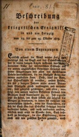 Beschreibung der kriegerischen Ereignisse in und um Leipzig vom 13. bis zum 19. Oktober 1813