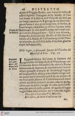 Del vaghe, e diletteuole fontane del Giardino del Marchese di Vico. Cap. 12
