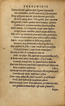 Theognidis Megarensis Sententiae : Cum Versione Latina, Ita Ut verbum verbo conferri possit