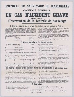 "Centrale De Sauvetage De Marcinelle: Consigne Generale - En Cas D'Accident Grave"