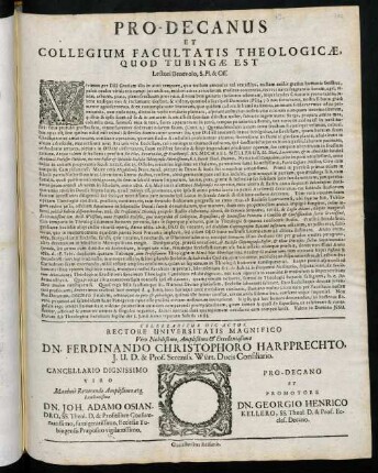 Pro-Decanus Et Collegium Facultatis Theologicae, Quod Tubingae Est Lectori Benevolo S. Pl. & Off.