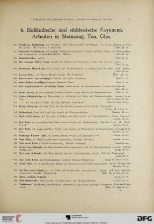 Holländische und süddeutsche Fayencen. Arbeiten in Steinzeug, Ton, Glas (Nr. 900-954)