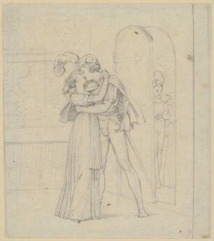 Zu Goethes "Faust": Blatt 15 (17): Gartenhäuschen (Faust küsst Gretchen, Mephisto und Marthe hinter der Tür)
