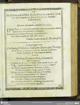 Doctissimas & solidas D. D. Polycarpi Lyseri, fidi & constantis Jesu Christi Ministri Responsiones ...