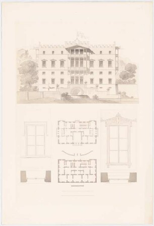 Werke der höheren Baukunst, Darmstadt 1856 Schloss im Gebirge: Grundrisse, Ansicht der Gartenseite