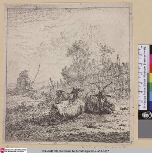 [The resting Goat and the two Sheep; Two Sheep and a Goat; LA chevre et les deux moutons; Zwei Schafe und eine Ziege]