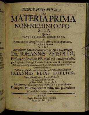 Disputatio I. Physica De Materia Prima Non-Nemini Opposita