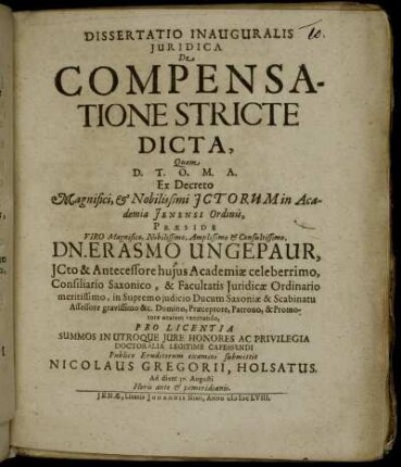 Dissertatio Inauguralis Iuridica De Compensatione Stricte Dicta
