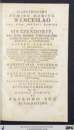 Illustrissimo Domino Domino Wenceslao Sac. Rom. Imperii Comiti a Sitzendorff ...