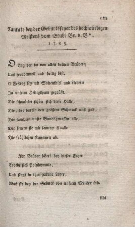 Cantate bey der Geburtsfeyer des hochwürdigen Meisters vom Stuhl Br. v. B*. 1785