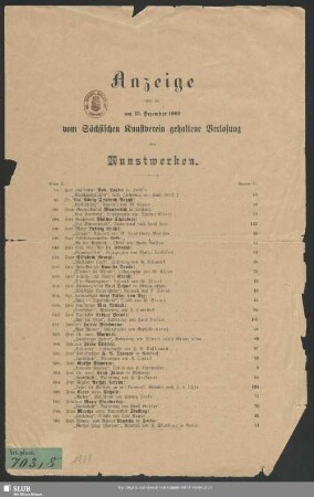 1909: Anzeige über die am ... vom Sächsischen Kunstverein gehaltene Verlosung von Kunstwerken