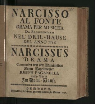 Narcisso Al Fonte : Drama Per Musicha Da Rapresentarsi Nel' Dril-Hause Del Anno 1736