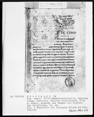 Ephraim Syrus, Sermones und Faustus Cassinensis, Vita Sancti Mauri etcetera — Initiale D (olor me compellit), Folio 1recto