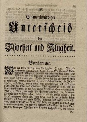 IV. Ein merckwürdiger Unterscheid der Thorheit und Klugheit.
