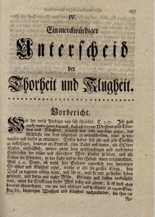 IV. Ein merckwürdiger Unterscheid der Thorheit und Klugheit.