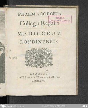 Pharmacopoeia [Pharmacopoea] Collegii regalis medicorum Londinensis : iuxta postremam renovationem ed.