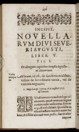 Incipit. Legum Novellarum Divi Severiaugusti, Liber V.