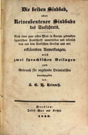 Die beiden Sindbad, oder Reiseabenteuer Sindbads des Seefahrers