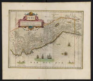 Karte von Peru mit Ecuador, ca. 1:6 500 000, kolorierter Kupferstich, 1645 : Peru. - [Ca. 1:6.500.000]. - Amstelodami//Amsterdam : Ioannes Ianssonius, [1645]. - 1 Kt : Kupferst ; 36 x 47 cm. - Maßstab in graph. Form (Milliaria Germanica communia, Milliaria Gallica communia). - E oben