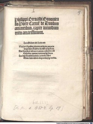 Philippi Beroaldi Bononiensis Poete Carme[n] de Duobus amantibus : capite iucundum exitu amarissimum. ... (Fabula Tancredi ex boccatio in latinum versa a Philippo Beroaldo.)