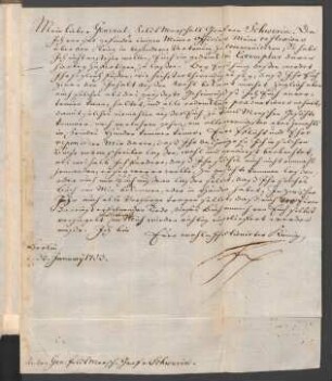 Handschriftliche Beilage: Persönliches Begleitschreiben an Generalfeldmarschall Kurt Christoph Graf von Schwerin vom 30. Januar 1753, eigenhändig von Friedrich II. signiert