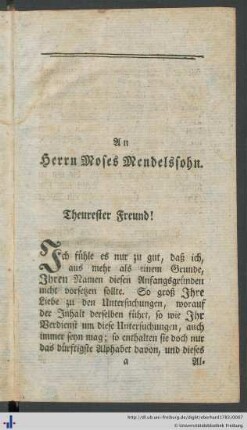 Vorwort an Moses Mendelssohn.