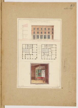 Städtisches Wohnhaus Monatskonkurrenz Februar 1849: Grundriss Erdgeschoss, 1. (= 2.) Obergeschoss, Aufriss Straßenansicht, perspektivische Ansicht eines Innenraums, Vertikalschnitt der Fassade; 2 Maßstabsleisten
