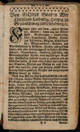 Von Gottes Gnaden wir Christian Ludwig, Herzog zu Braunschweig und Lüneburg, etc.