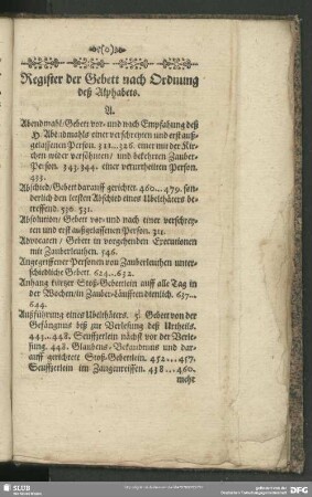 Register der Gebett nach Ordnung deß Alphabets