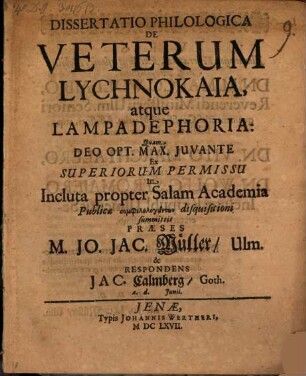 Dissertatio Philologica De Veterum Lychnokaia, atque Lampadephoria