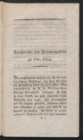 Vorbericht des Herausgebers, zur Ersten Auflage