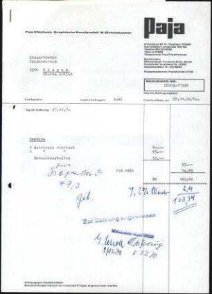 1. Firmenbriefkopf Paja Klischees, Graphische Kunstanstalt - W. Eichelsbacher