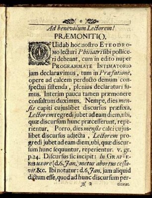 Ad benevolum Lectorem! Præmonitio.