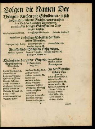 Volgen die Namen Der Theologen/ Kirchen und Schuldiener/ so sich im Curfürstenthumb Sachsen/ dem vorgehenden Buch der Concordien unterschrieben.